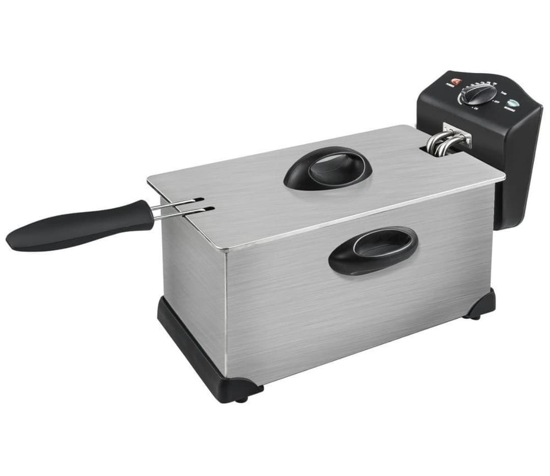 Freidora inox. Regulador de temperatura. Con termostato. Tapa antisalpicaduras. Cuerpo acero inox.